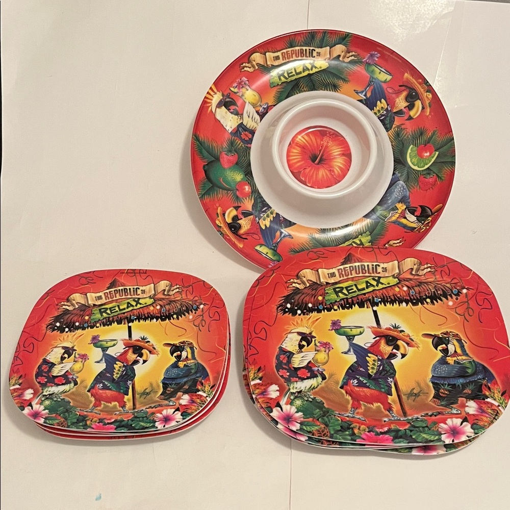 Evergreen Republic of Relax Tropical parrot melamine plates, chip and dip set.